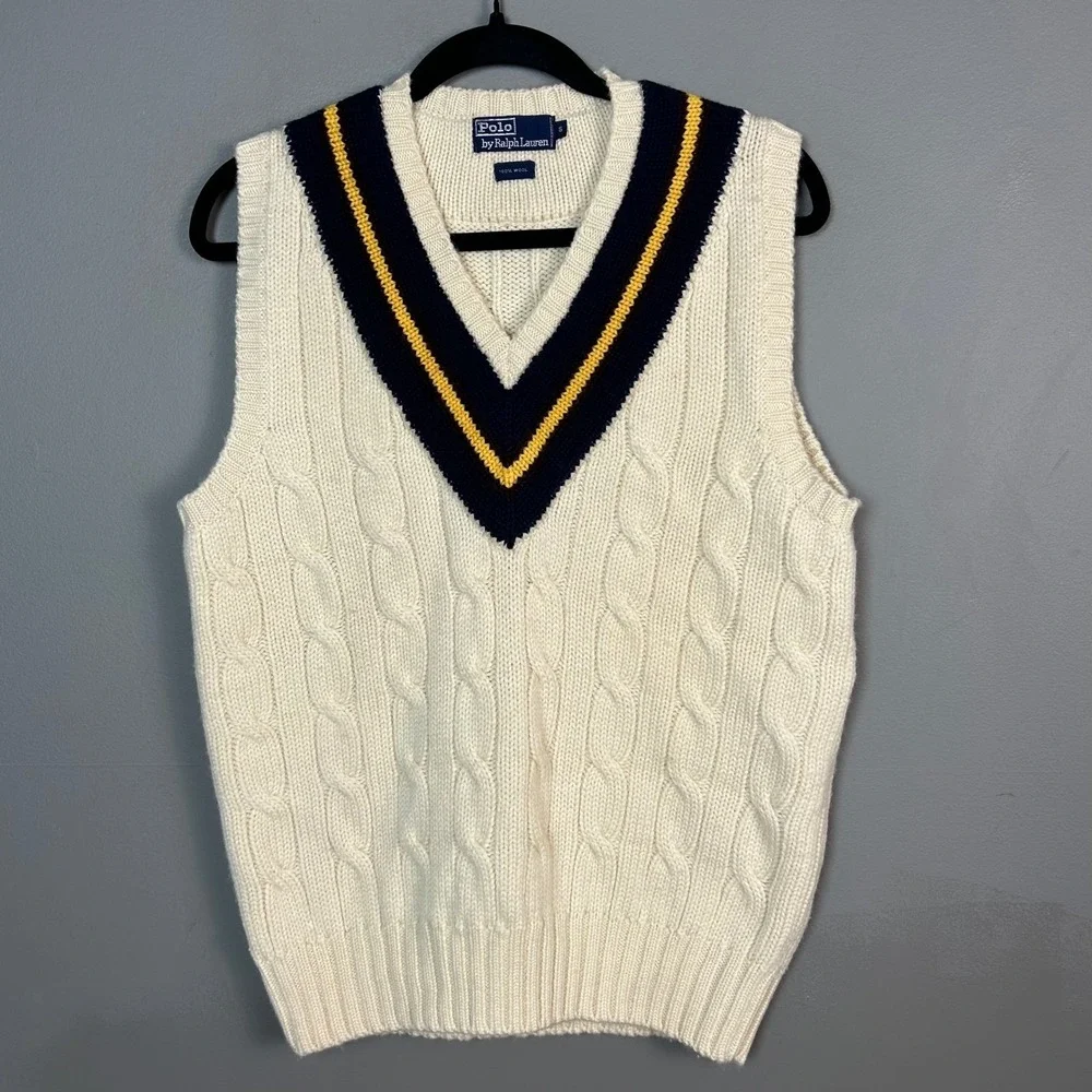 VTG Polo Ralph Lauren Cricket Sweater Vest Men's Small Wool Cable Knit Varsity
